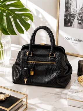 Dolce & Gabbana Genuine Black Python Satchel, Luxe Exotic Snakeskin | Top Handle